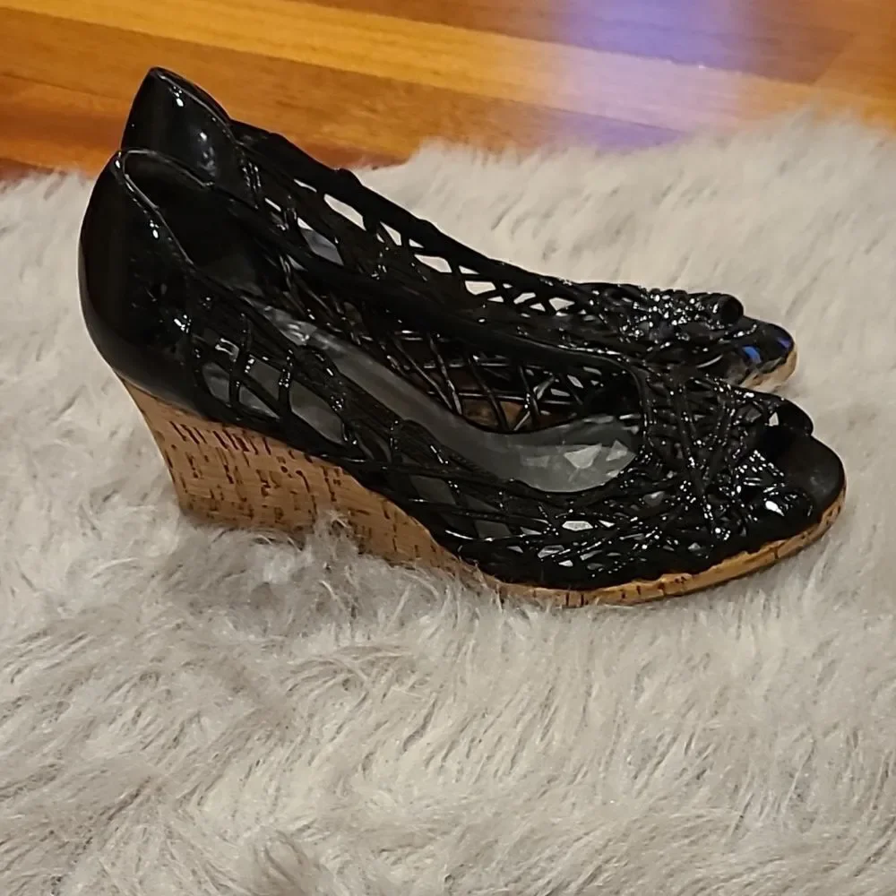 Stuart Weitzman womens‎ black cage peep toe wedges size 6 1/2 - Picture 5 of 8